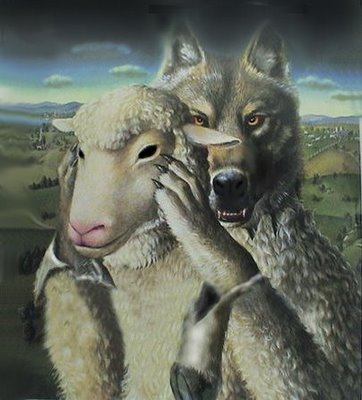Beware of Scammers Wolves in Sheeps Clothing Beware of Scammers Wolves in Sheeps Clothing.
image of Wolf wearing sheep clothin in order to decieve people and scam them