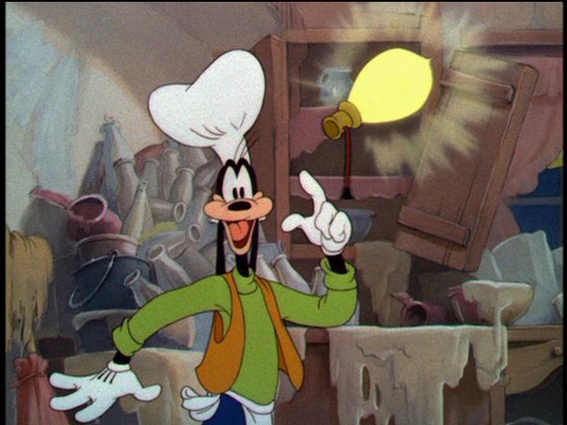 Here is a thought Image of Goofy with a bight light idea and storage in the background.