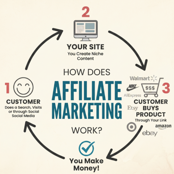 Chart showing how the structure of Affiliate marketing works