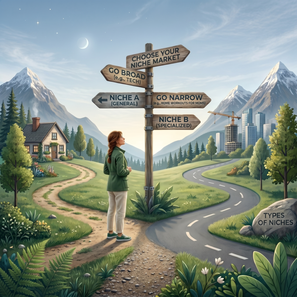 The Niche Definition What is your niche about Woman standing in front of sign post giving various options in selecting a niche for affiliate marketing