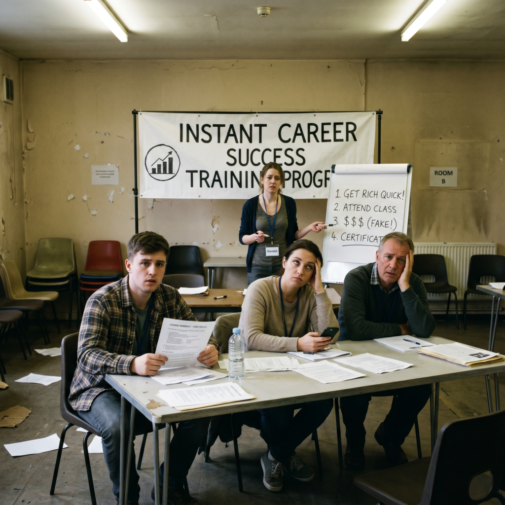 Image of person teaching fake or low quality training programs teching get rich quick while students are lost and confused