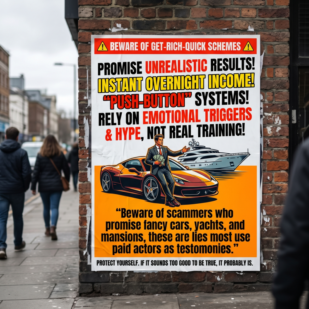 Image relating to get rich quick schemes promising you much but giving you little