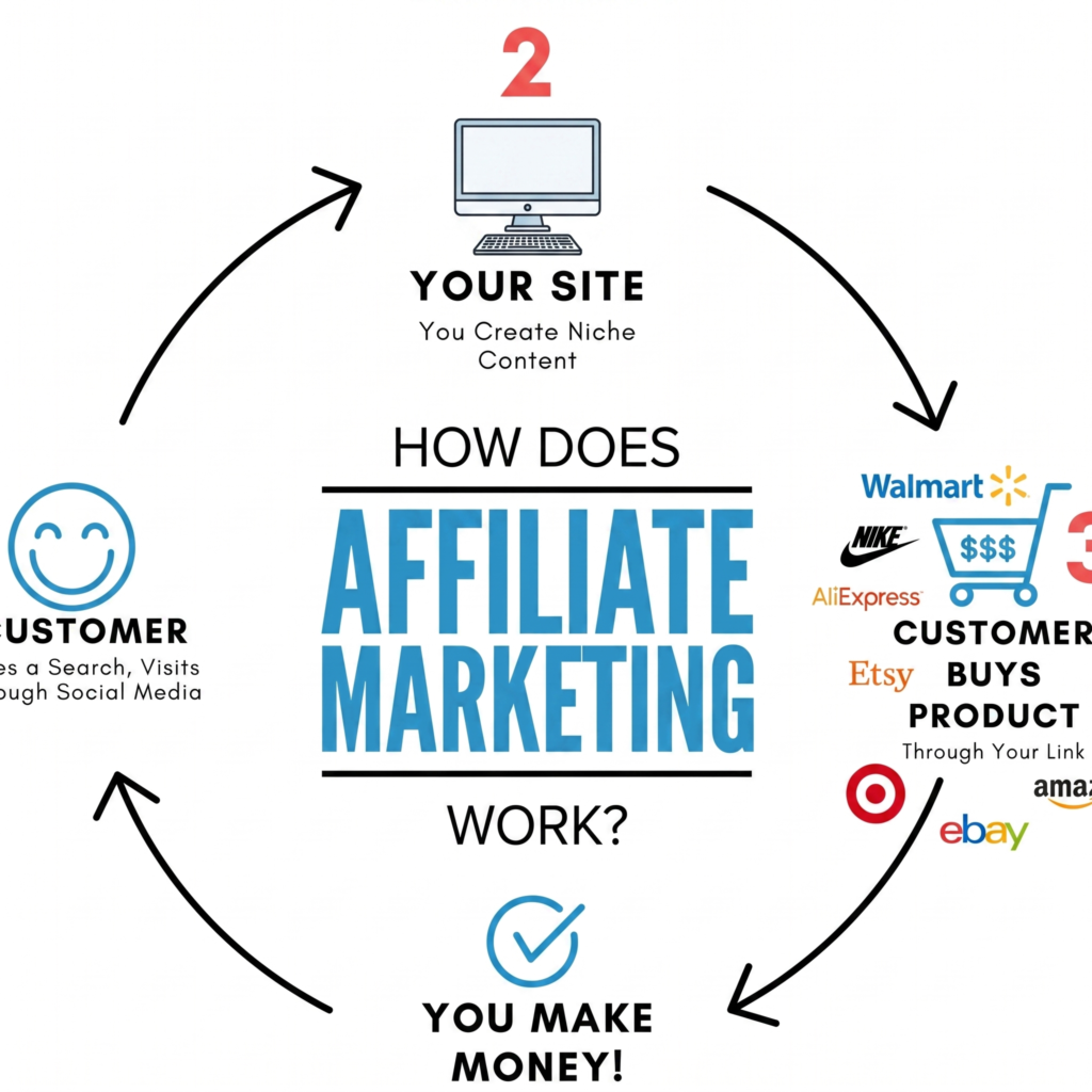 How Affiliate Marketing Structure Works as you the affiliate the merchent or network to the customer who buys via your affiliate link to you getting commissions

