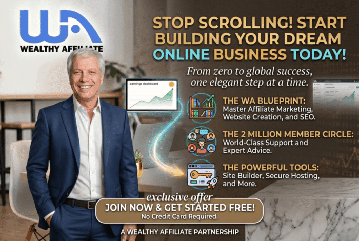 Get the training with wealthy affiliate join now Entrepreneur working from home showcasing Wealthy Affiliate’s free affiliate marketing training.