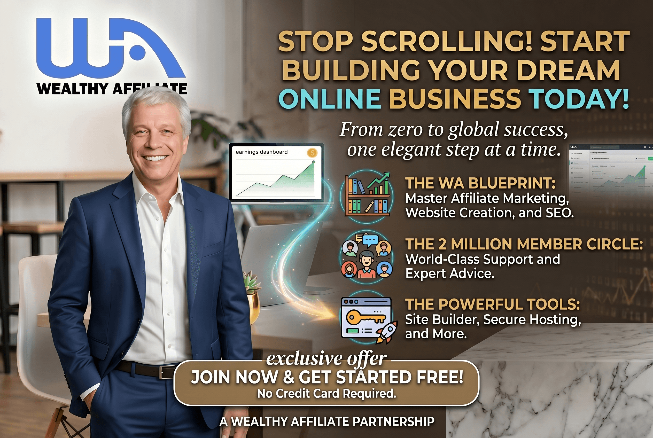 Affiliate Marketing Training Opportunity with Wealthy Affiliate Man wearing a suit showing the benefits or Wealthy affifliate Trainin playtform and all it has to offer and more