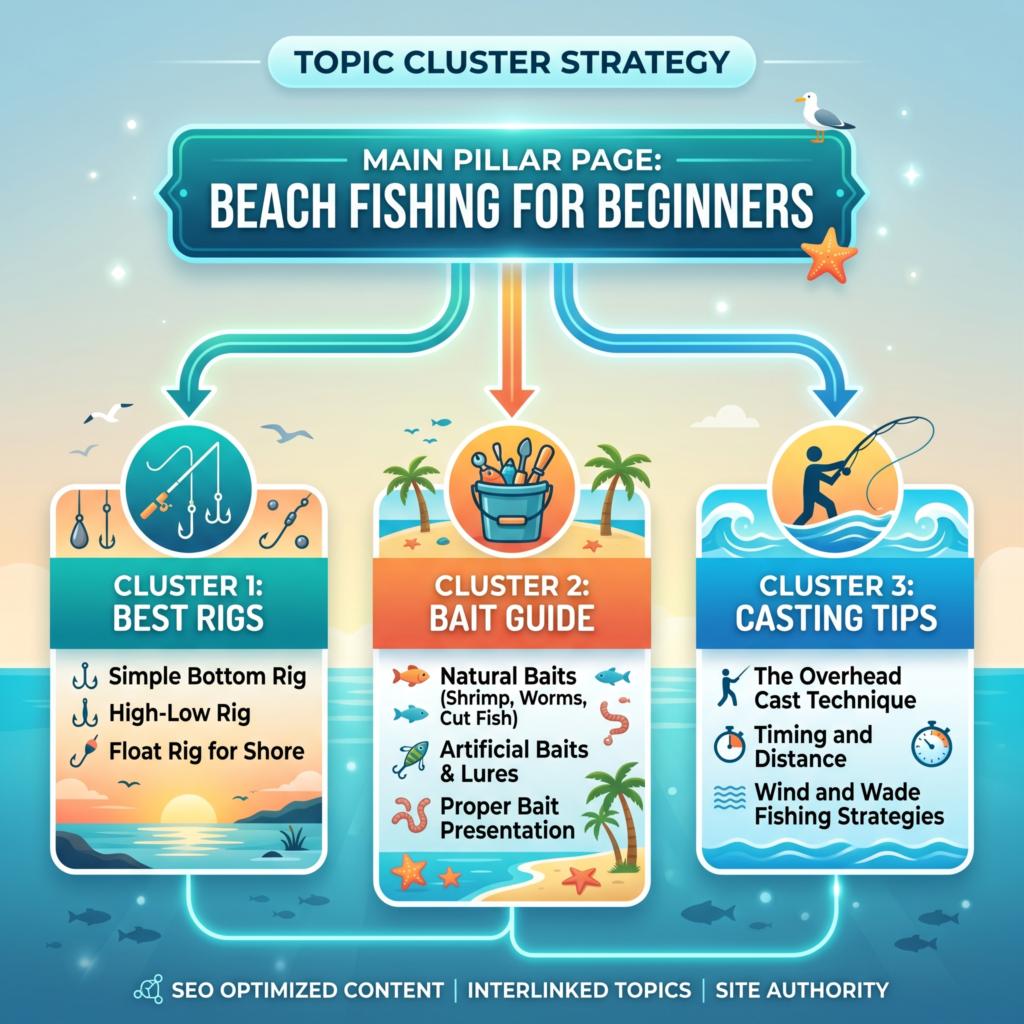 Chart image strategy ushowing how to build a topic cluster strategy with using example of beachrfishing for beginners