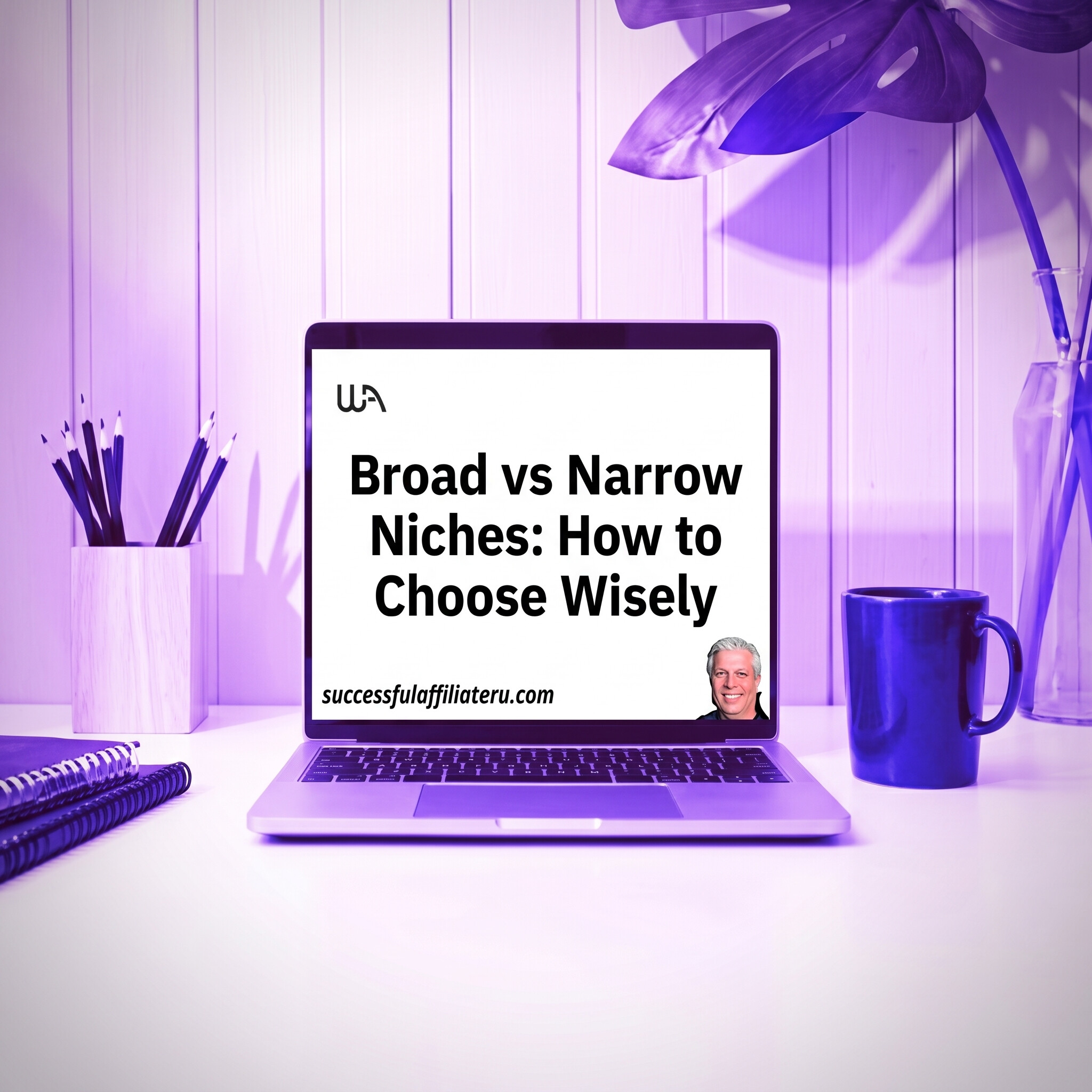 Desk computer with blue cup and pencil holders with notebook asking about Broad vs Narrow Niche: How to Choose Wisely.