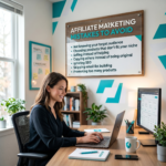 Woman typing on a laptop in a modern office, with a wall board behind her listing the top seven beginner affiliate marketing mistakes to avoid.