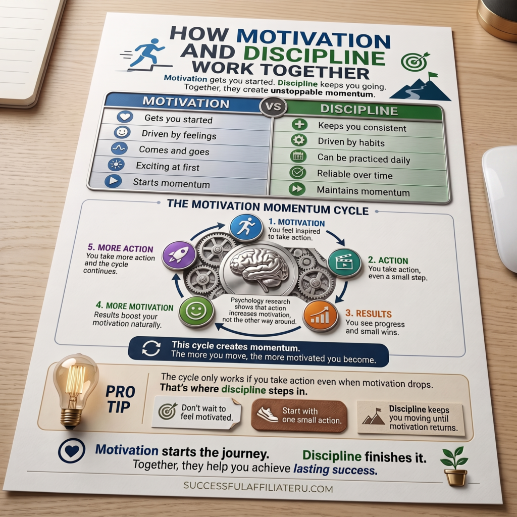 How Motivation and Discipline Work Together for Affiliate Marketers. Chart showing How Motivation and Discipline Work Together for Affiliate Marketers.