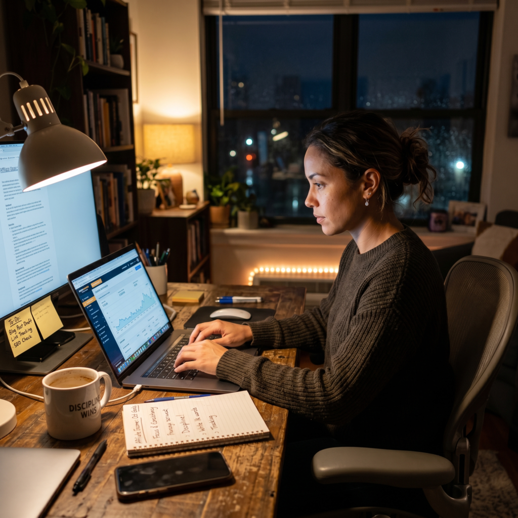 Motivation vs Discipline: The Real Key to Affiliate Marketing Success Woman typing on laptop and focusing on her online work on the topic of motivation vs discipline