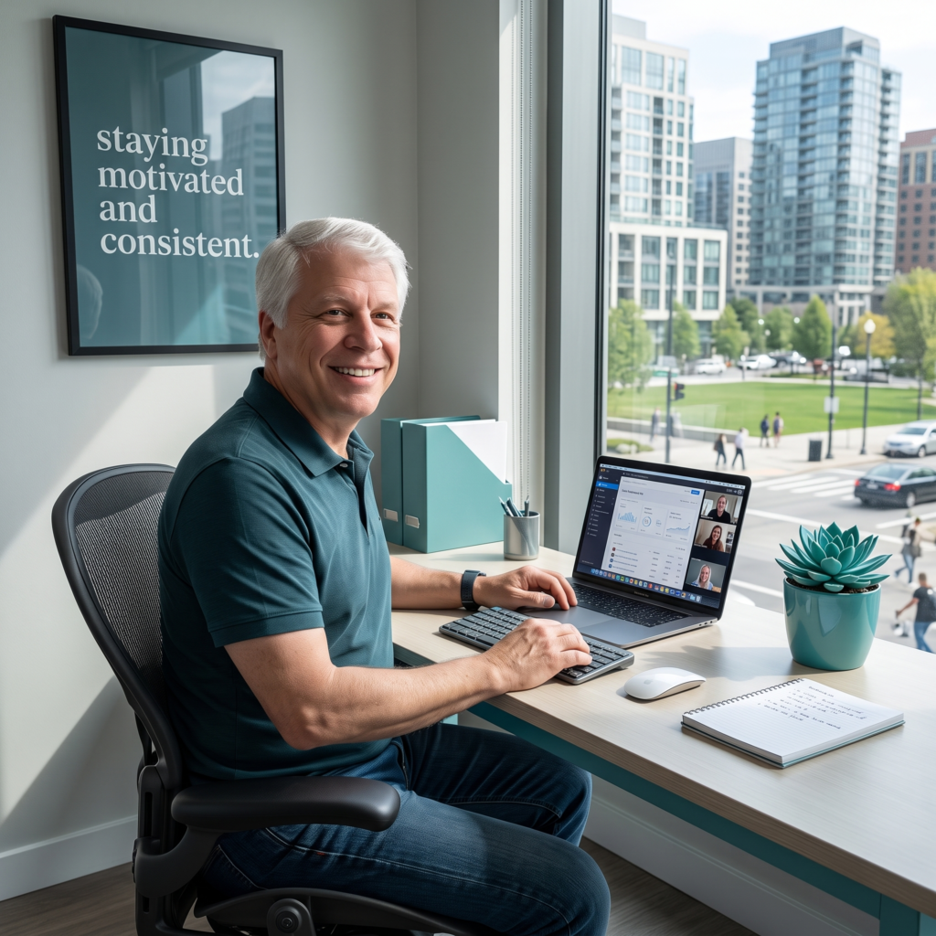Stay motivated and consistent in you r online business Image of myself smiling while typing on laptop with slogon on the wall saying staying motivated and consistent