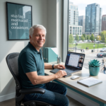 Image of myself smiling while typing on laptop with slogon on the wall saying stay motivated and consistent