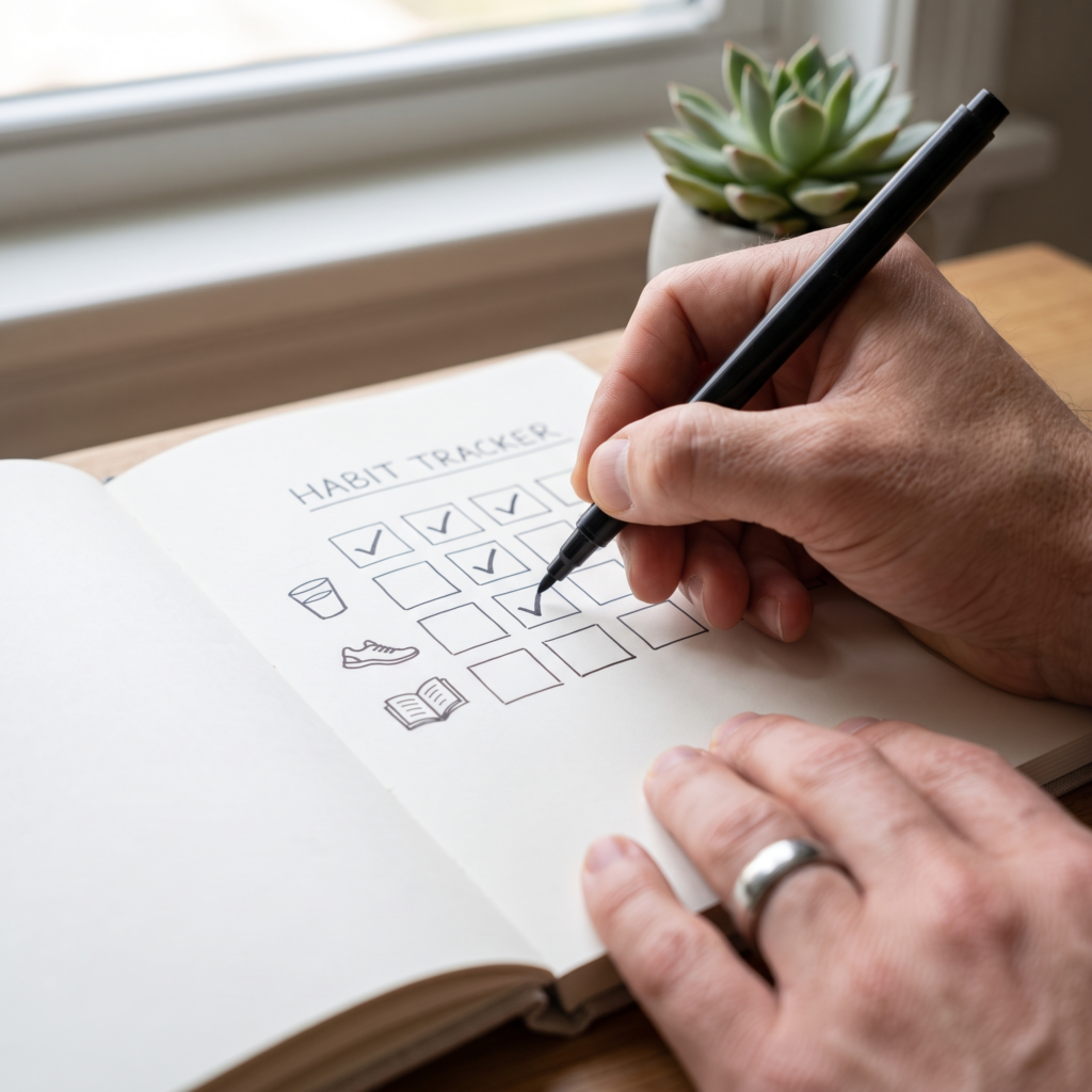 hand marking a habit tracker showing how to build productivity habits that stick