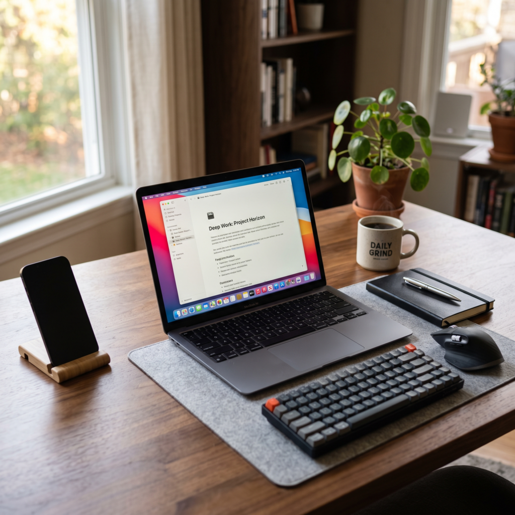 Clean focused workspace showing a distraction free environment for staying productive at home.