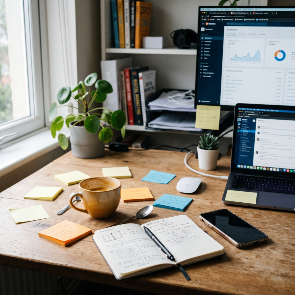 Workspace with scattered sticky notes, open notebook, and multiple screens representing distractions and routine killers in affiliate marketing.