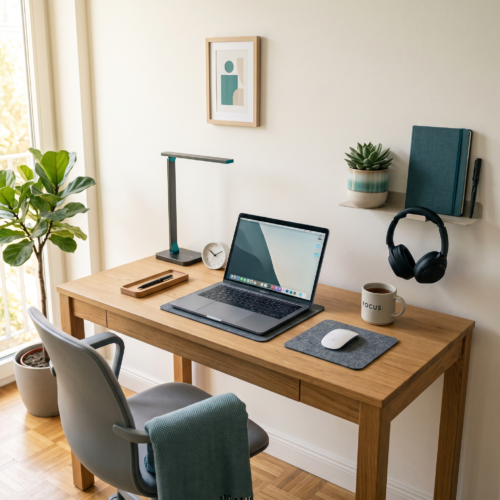 Clean minimal workspace with an open laptop, notebook, and soft natural lighting.