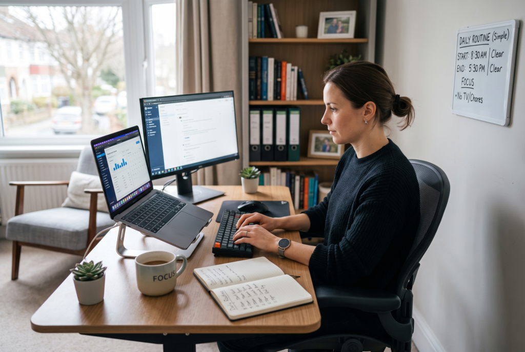 Minimal home office setup symbolising structure and boundaries for work from home discipline.