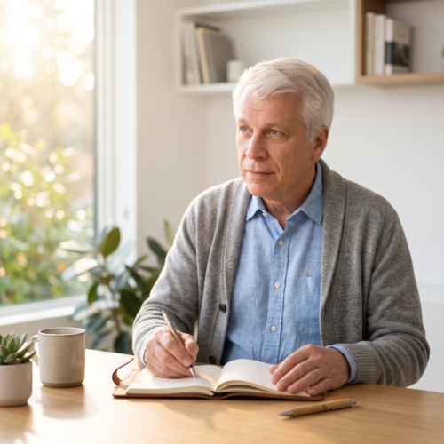 Older adult writing in a notebook at a bright desk, symbolising focus and consistency in affiliate marketing routines.