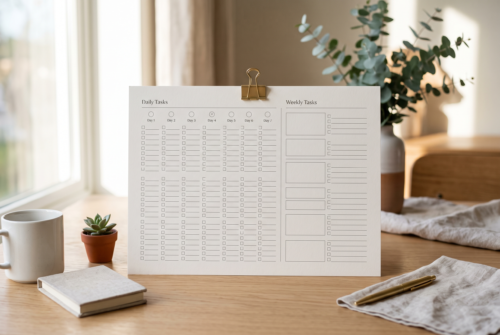 Minimal weekly structure chart showing daily and weekly workflow sections, supporting affiliate marketing routines.