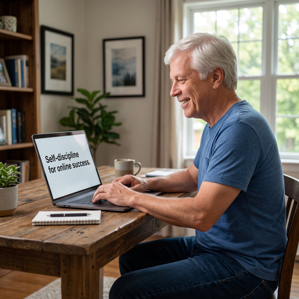 Self discipline for online success image showing a Man working on a laptop at home with the words “Self discipline for online success” on on jhis laptopscreen, representing focus and consistency in online business.