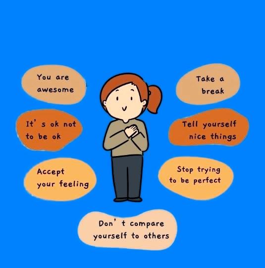 Be Kind to yourself image of young person being kind to oneself blue background with self self talk on various ways to think positive
