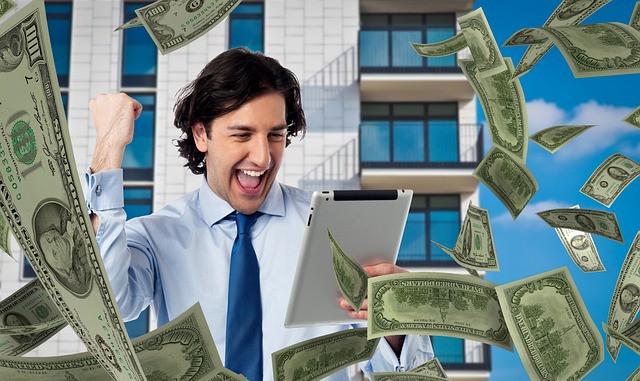 Unlocking Opportunities and Financial Independence with the APower of Blogging and Affiliate Marketing Man happy looking at results and money flying around in the air with building in the background