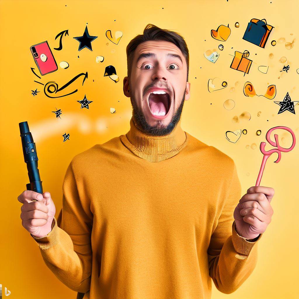 Understanding Affiliate Marketing Choosing a Niche Man with Magic Wand showing a range of various products shown with yellow to light yellow background color