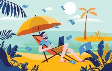Man on beach with laptop earning passive income Man on beach with laptop earning passive income