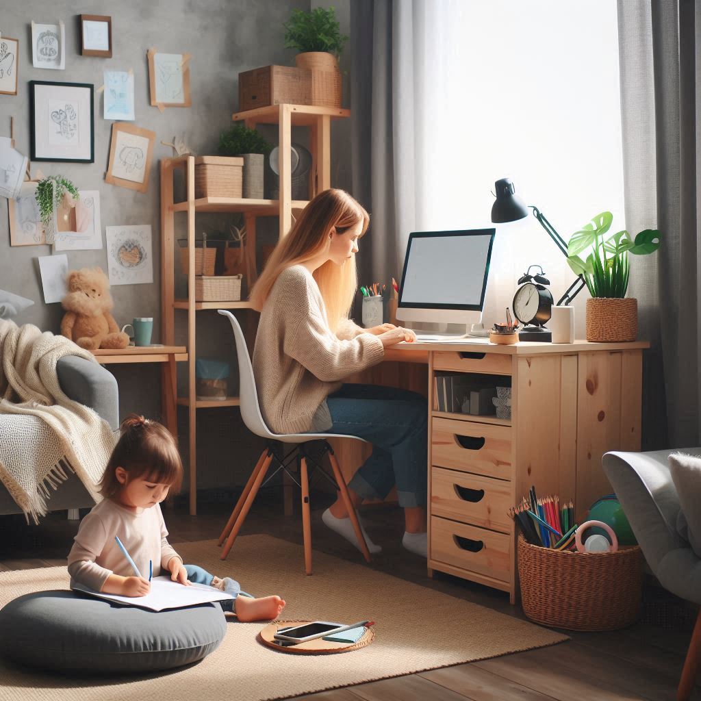 A stay at home mom working on a desktop computer at a wooden desk while her young daughter draws on the floor next to her. A stay at home mom working on a desktop computer at a wooden desk while her young daughter draws on the floor next to her."