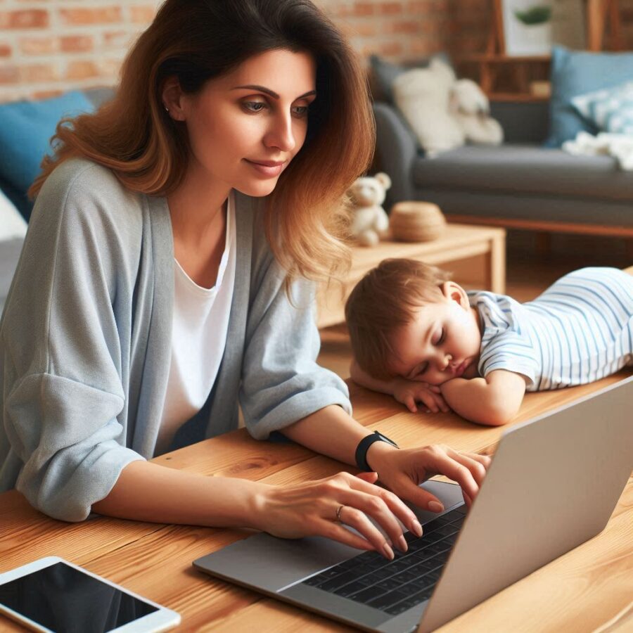 stay-at-home-mom working online with toddler taking a small nap stay-at-home-mom can working online with toddler taking a small nap