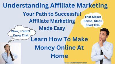 Understanding Affiliate Marketing Image of Man and Woman thinking about Understanding Affiliate Marketing with light blue and yellow background