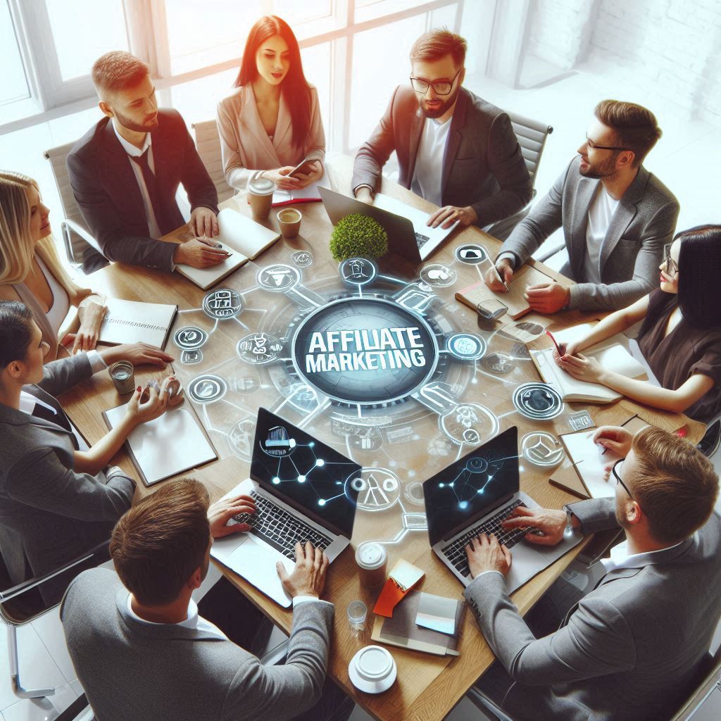 Group of people sitting around a desk asking more on What is Affiliate Marketing