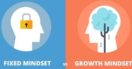 Fixed or Growth Mindset which are you Two types of Mindset Fixed and Growth shone two images of person with a fixed mindset with blue and while background the second in reddish orange backgroun with a growth mindset indicating a growing brain similare to the growth of a tree.
