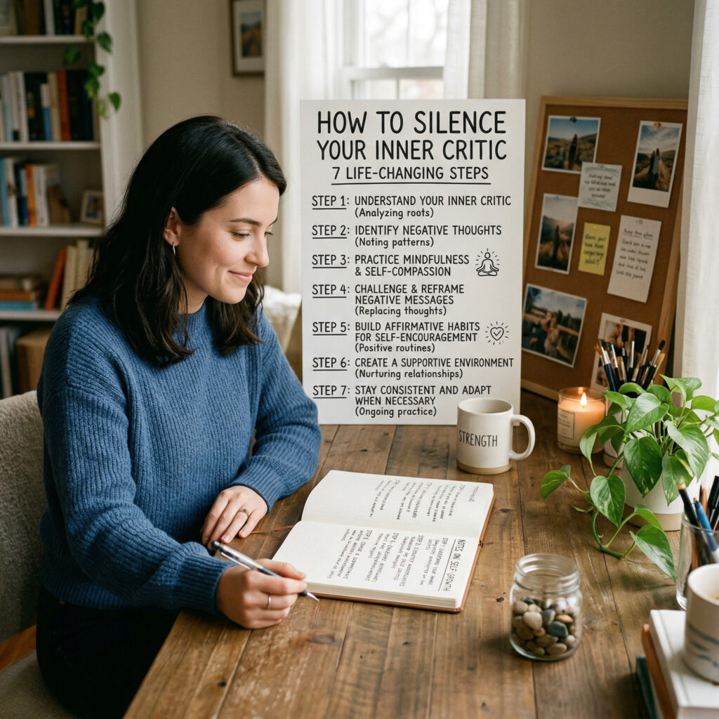 Woman sitting down at her desk taking down notes for ideas based on the chart next to her on the topic of "How to silence your inner critic witih 7 life-changing steps." Woman sitting down at her desk taking down notes for ideas based on the chart next to her on the topic of "How to silence your inner critic witih 7 life-changing steps."