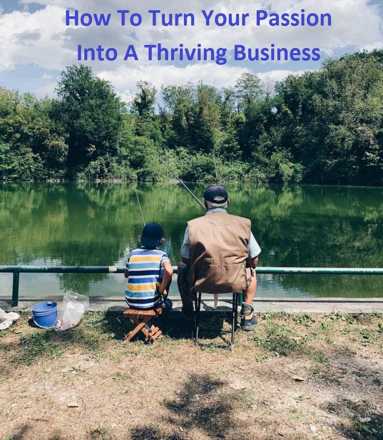 Man and Son sitting and Fishing but the river  with blue and cloudy skies and three in background