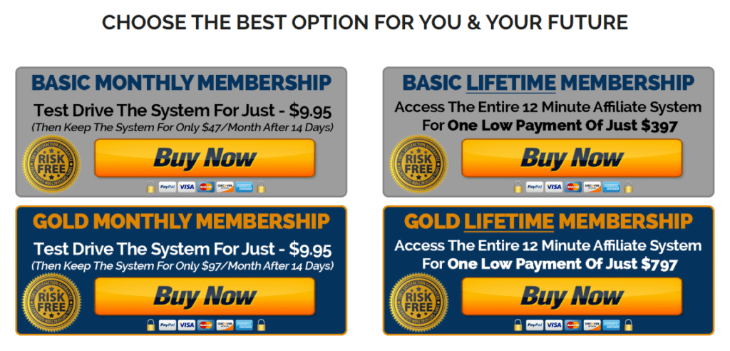Basic and Gold Monthly and Yearly Costs for 12 minute Affiliate 