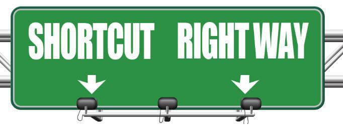 Green sign showing shortcut and the Right way relating to affiliate market is easy or hard.