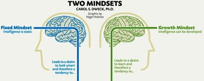 Two mindsets Fixed or Growth Mindsets image o two brain thoughts between Fixed mindset and Growth Mindset light coloured background with reasons for each